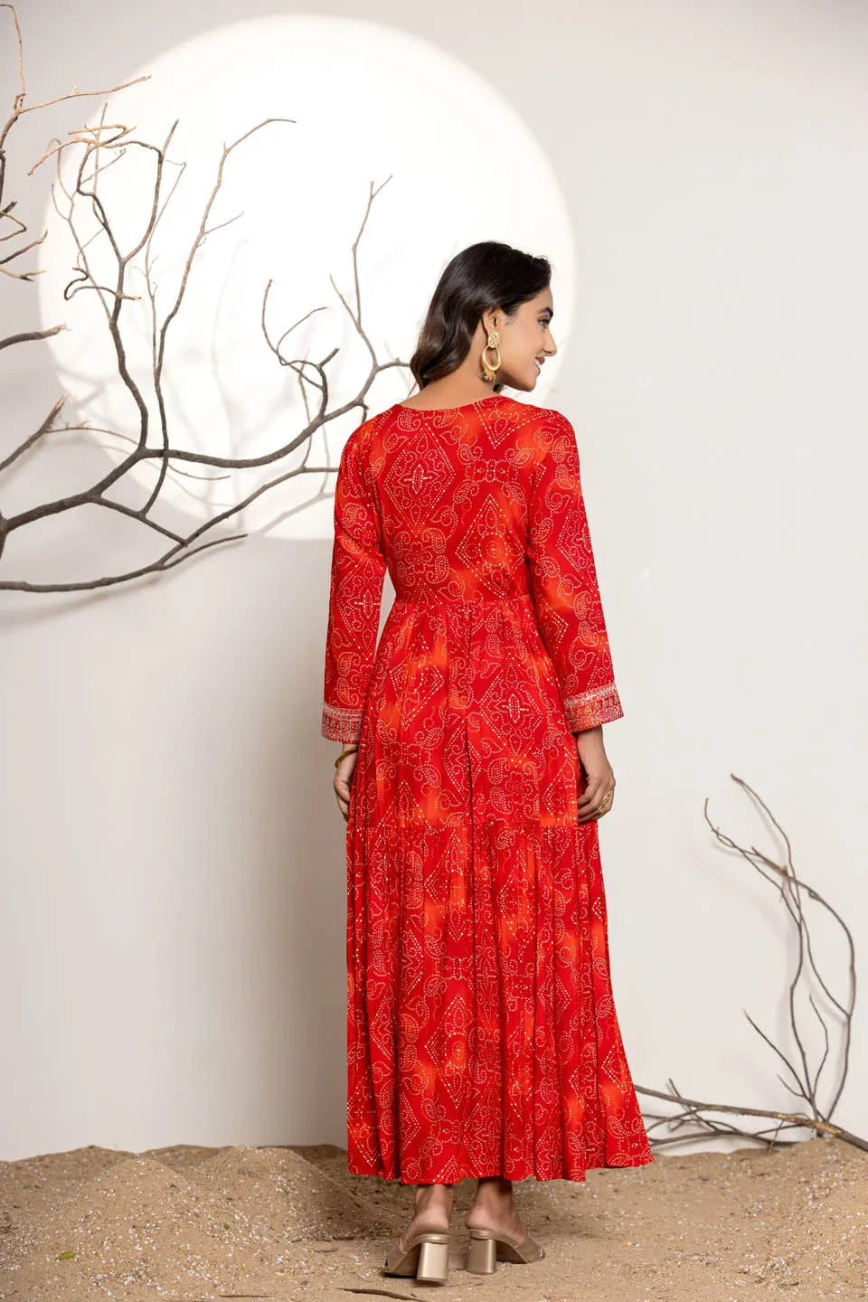 womens rayon long dress with embroidered detailing on neckline and sleeves