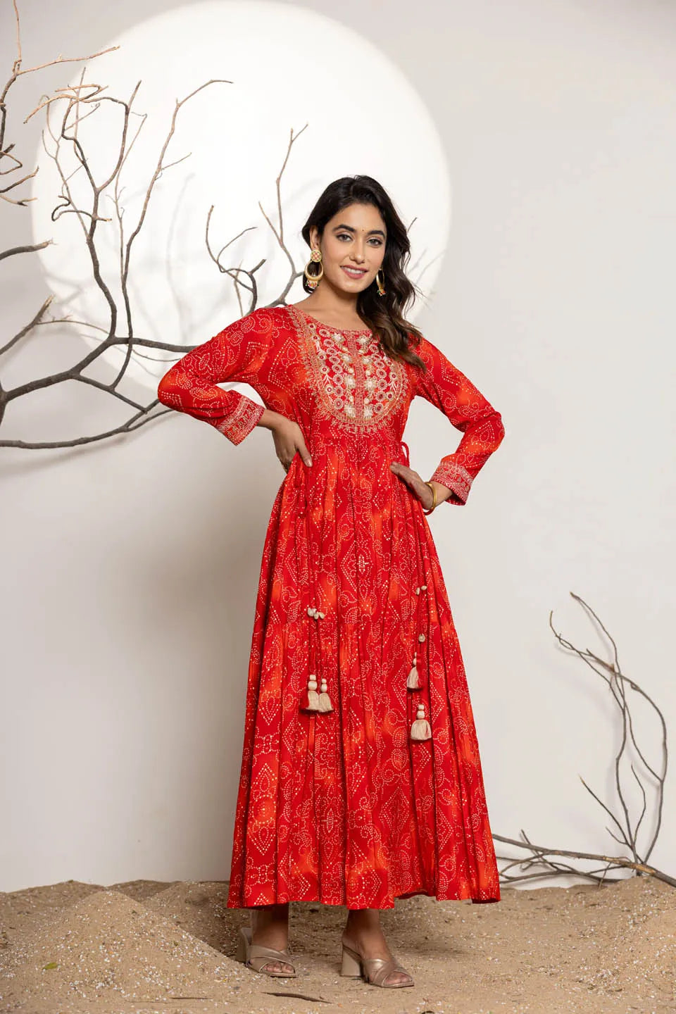 womens rayon long dress with embroidered detailing on neckline and sleeves