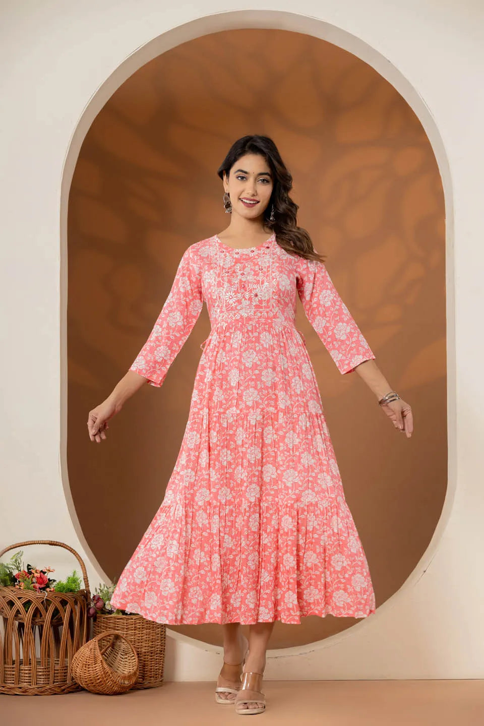 long cotton dress for women with elegant flower embroidery