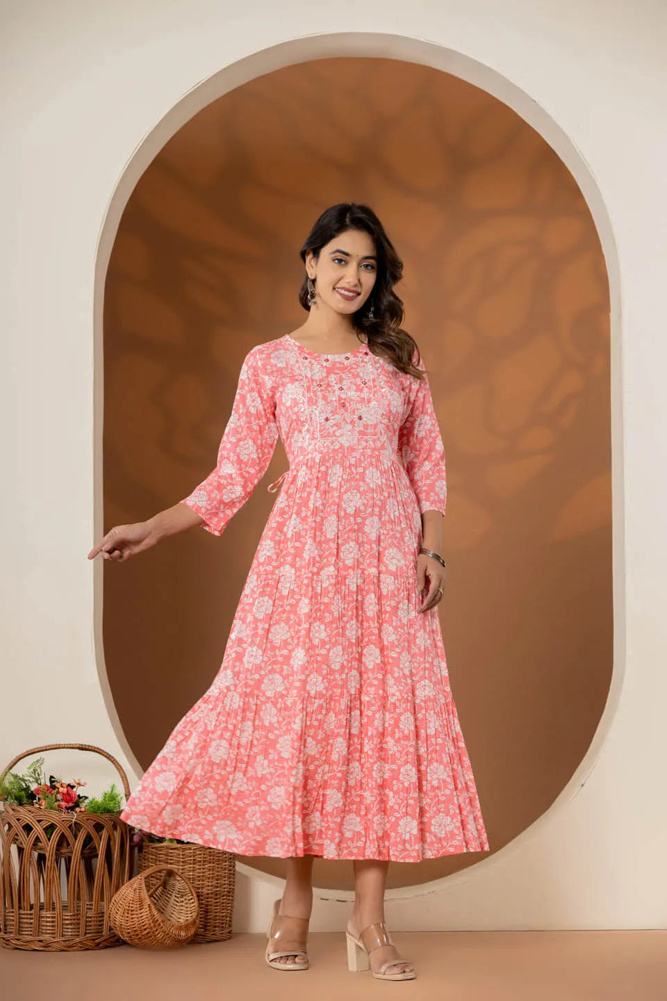 long cotton dress for women with elegant flower embroidery