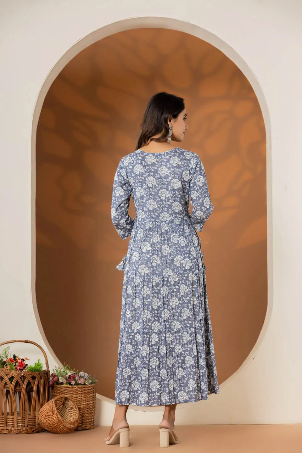 long cotton dress for women with elegant flower embroidery