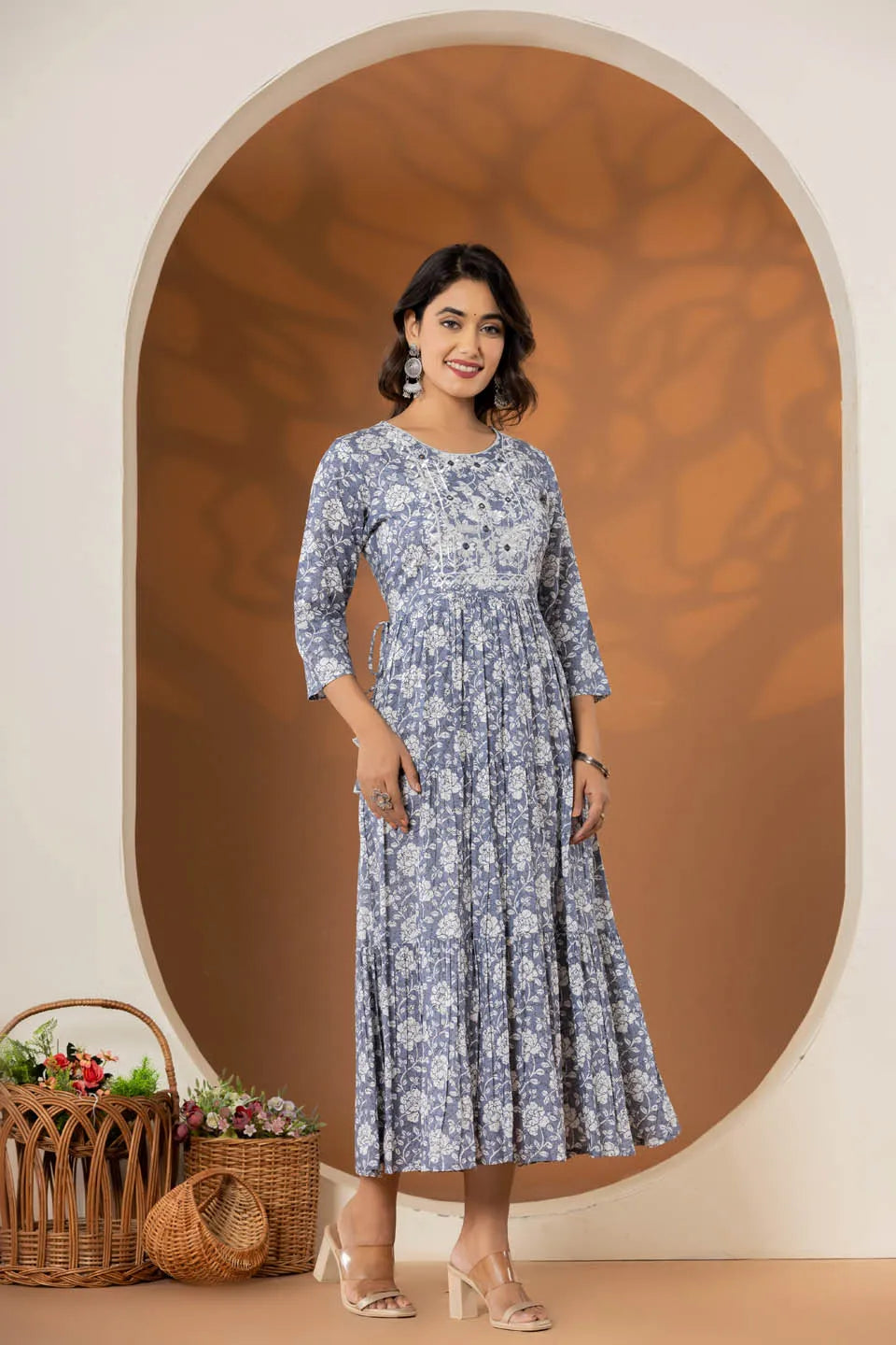 long cotton dress for women with elegant flower embroidery