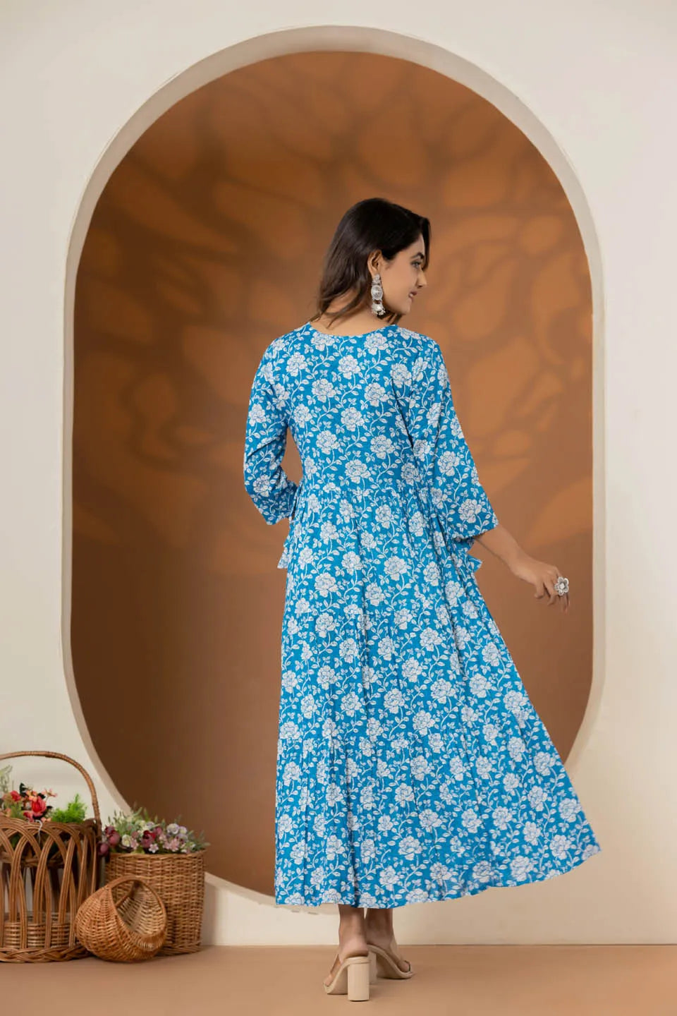 long cotton dress for women with elegant flower embroidery