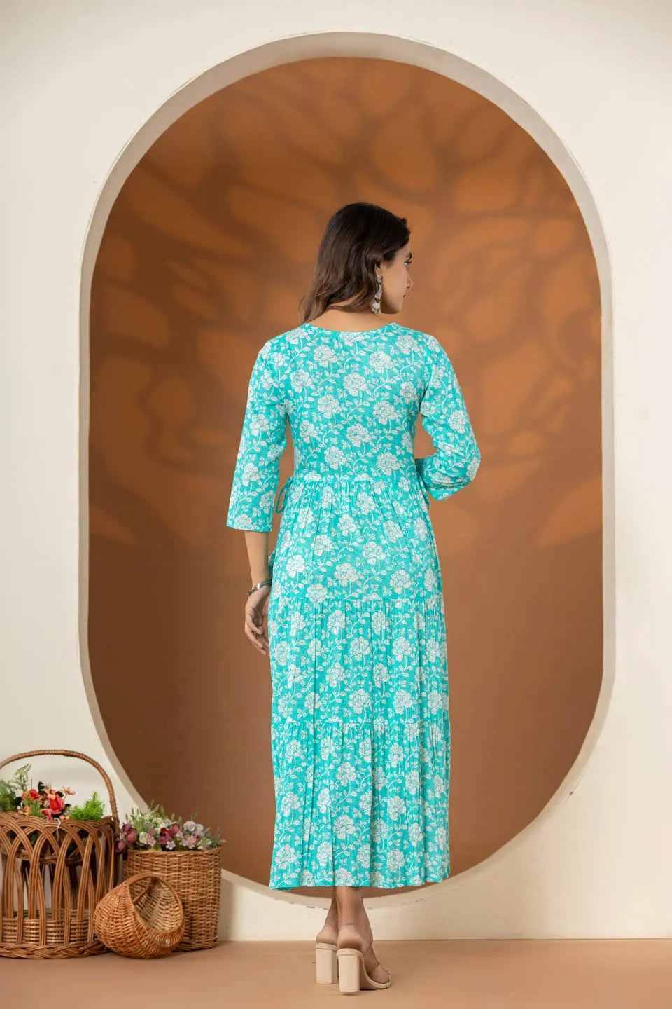 long cotton dress for women with elegant flower embroidery