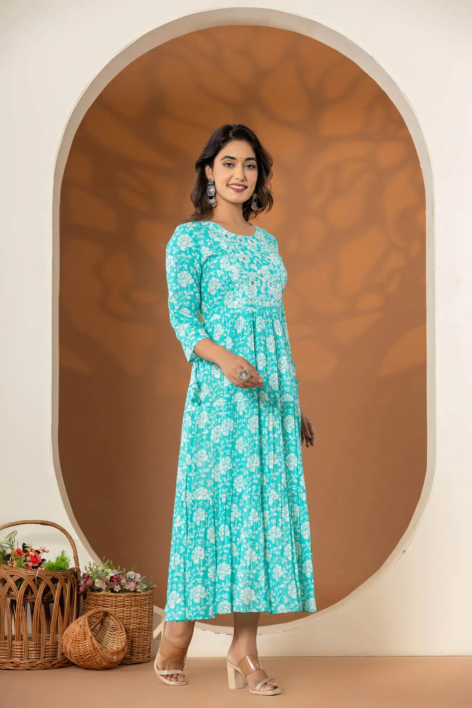 long cotton dress for women with elegant flower embroidery