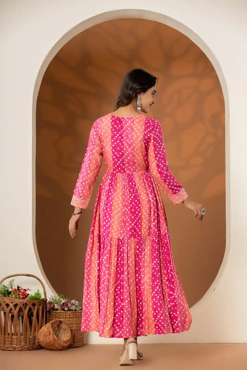 women's pink bandhani embroidered maxi dress