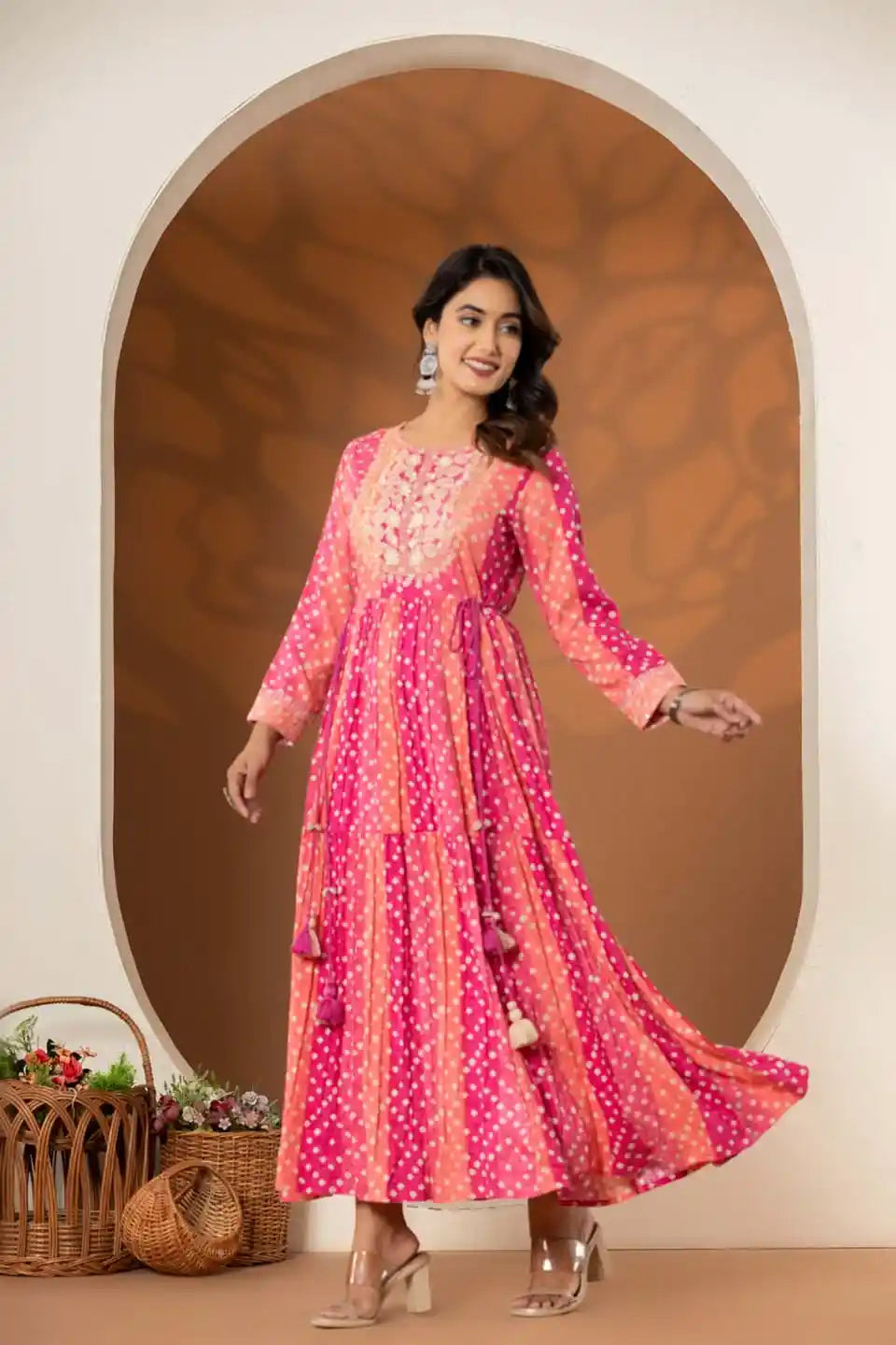 women's pink bandhani embroidered maxi dress