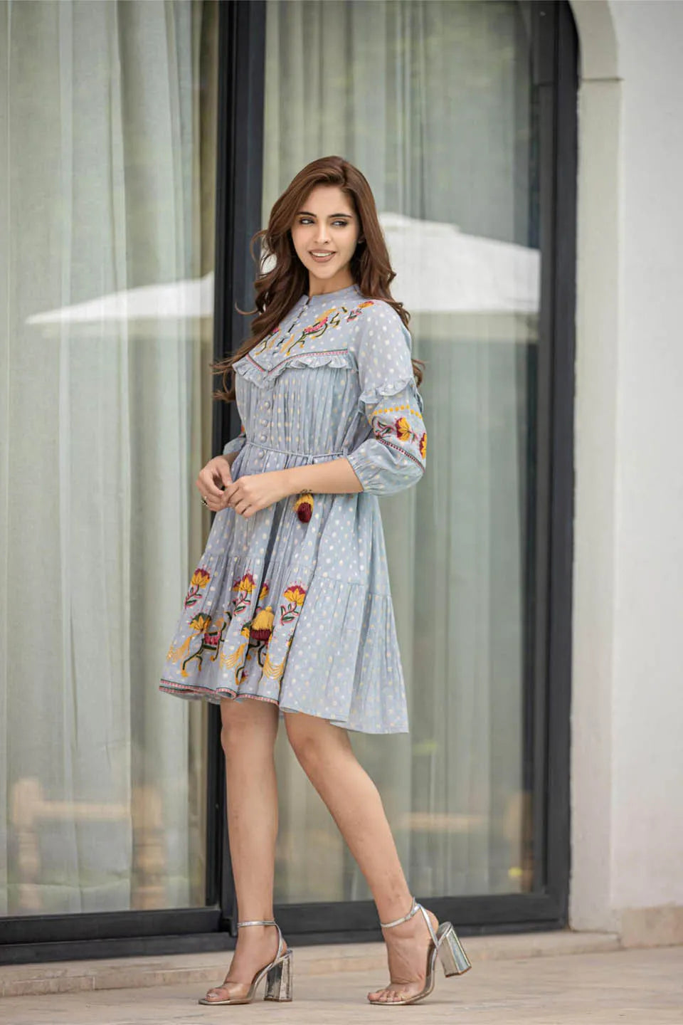 WOMEN'S COTTON EMBRODIARY SHORT DRESS IN GRAY COLOUR