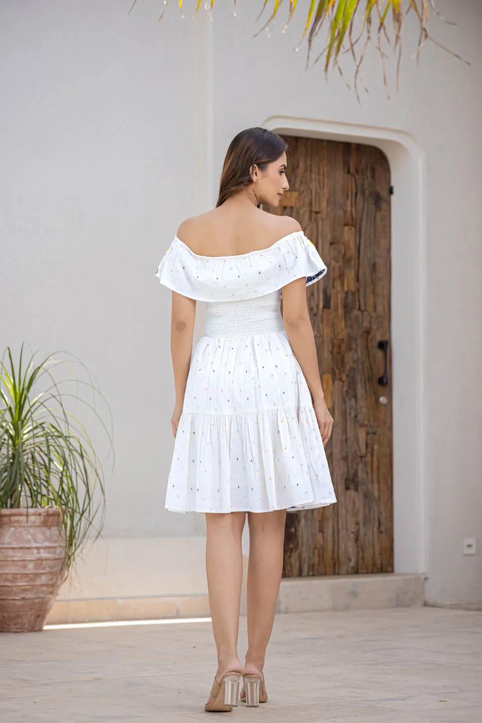 snowy whisper cotton white off shoulder dress