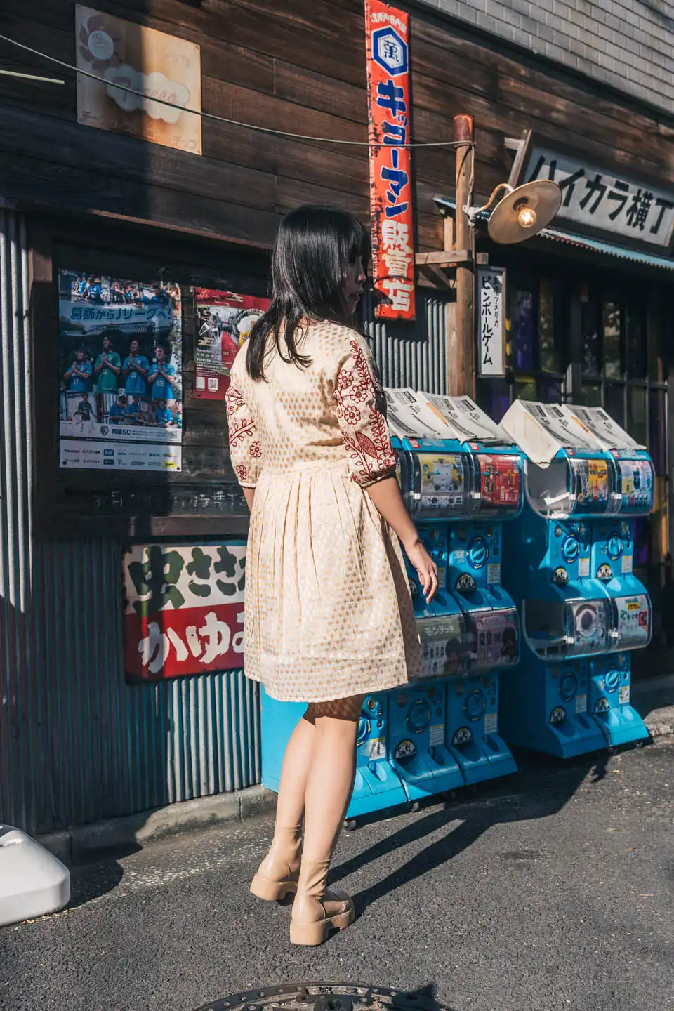 Beige & Red Block Print Short Dress