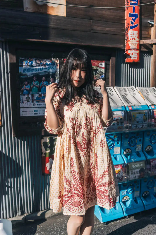 Beige & Red Block Print Short Dress