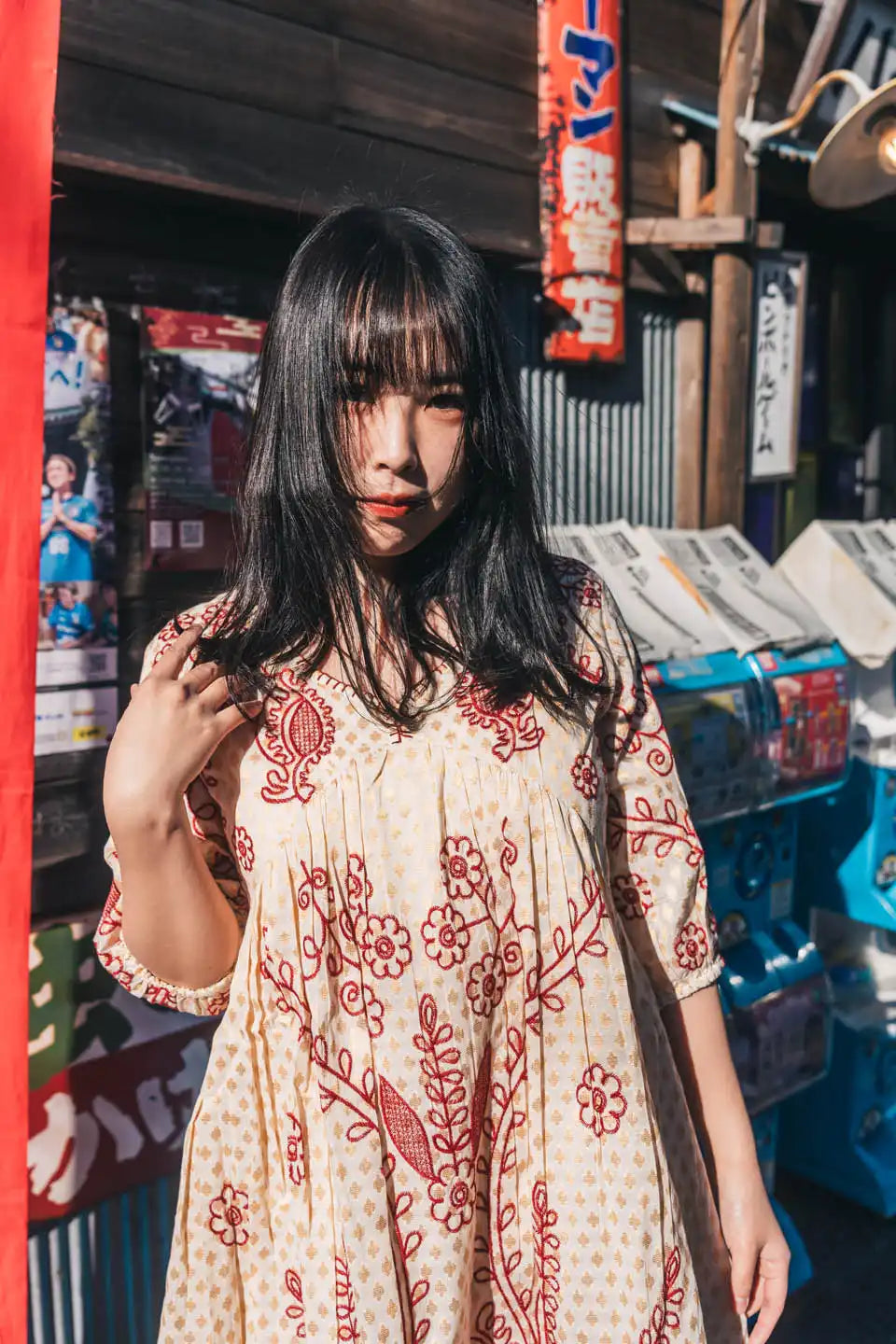 Beige & Red Block Print Short Dress