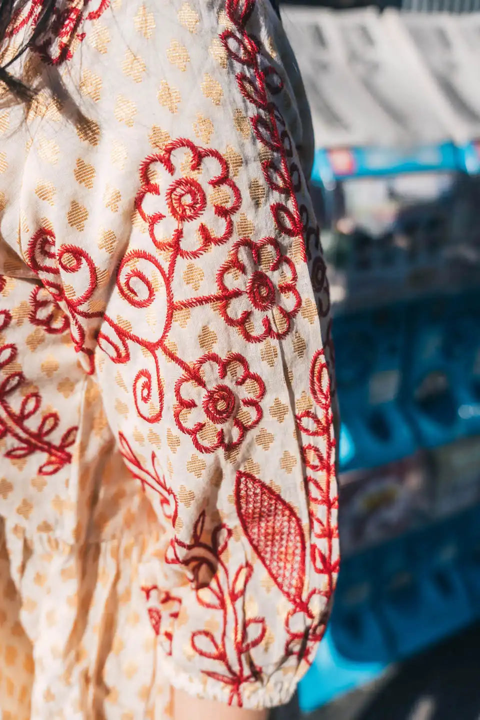 Beige & Red Block Print Short Dress