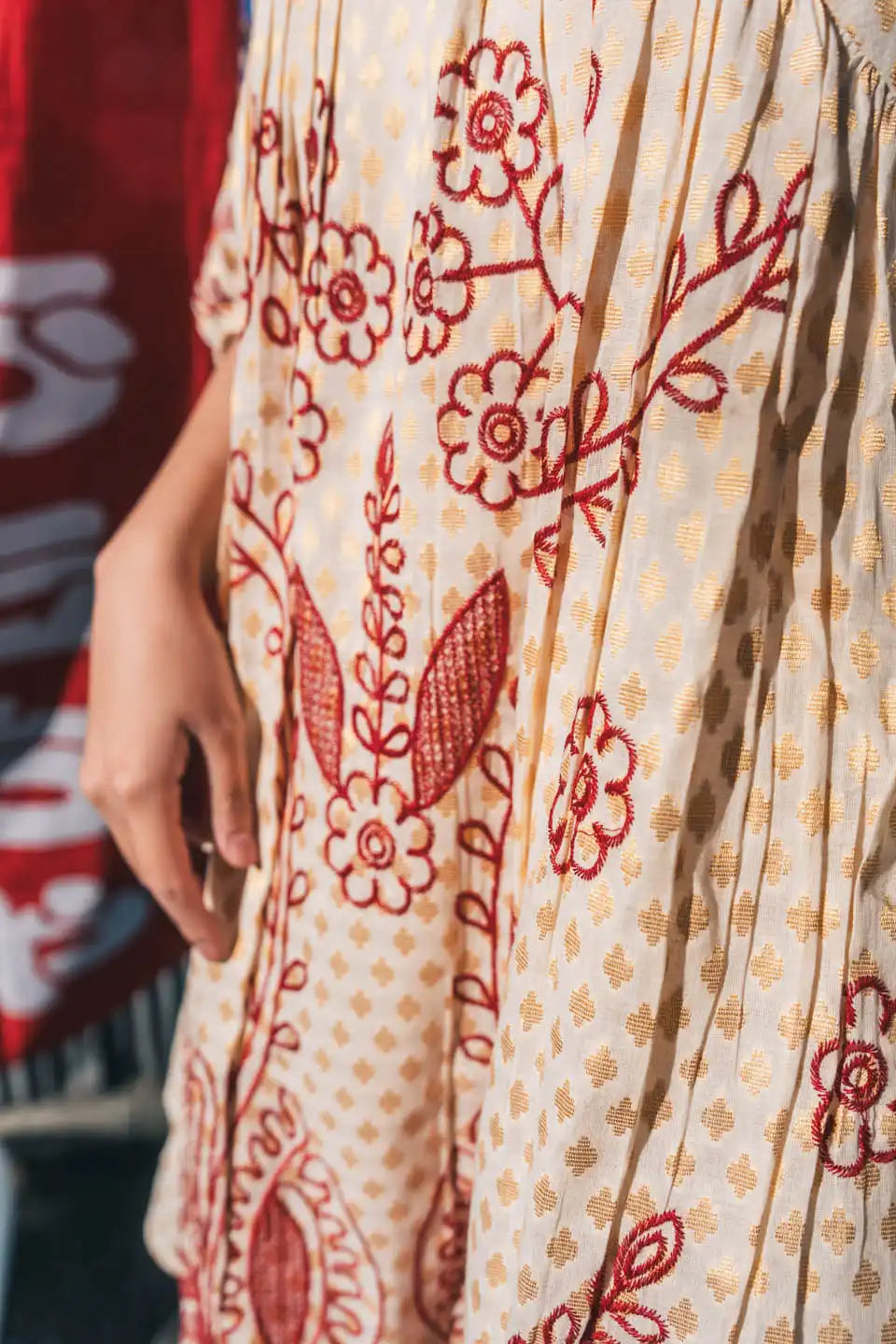 Beige & Red Block Print Short Dress