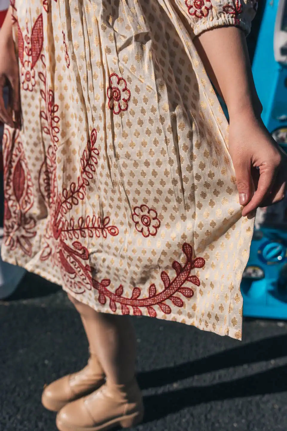 Beige & Red Block Print Short Dress