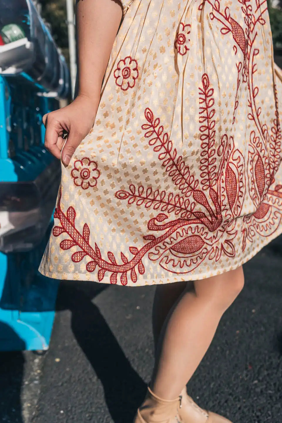 Beige & Red Block Print Short Dress