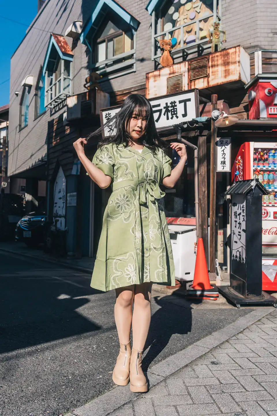 Olive Green Floral Short Dress – Boho Style with Tie-Up Detail