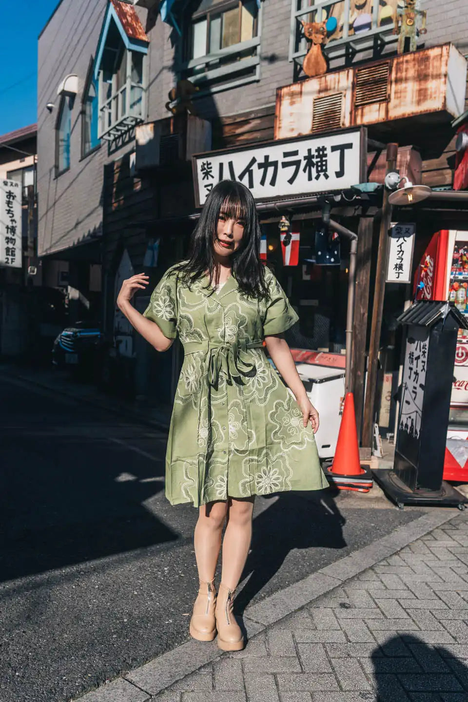 Olive Green Floral Short Dress – Boho Style with Tie-Up Detail