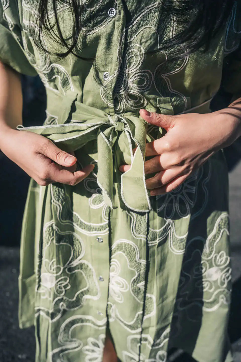 Olive Green Floral Short Dress – Boho Style with Tie-Up Detail