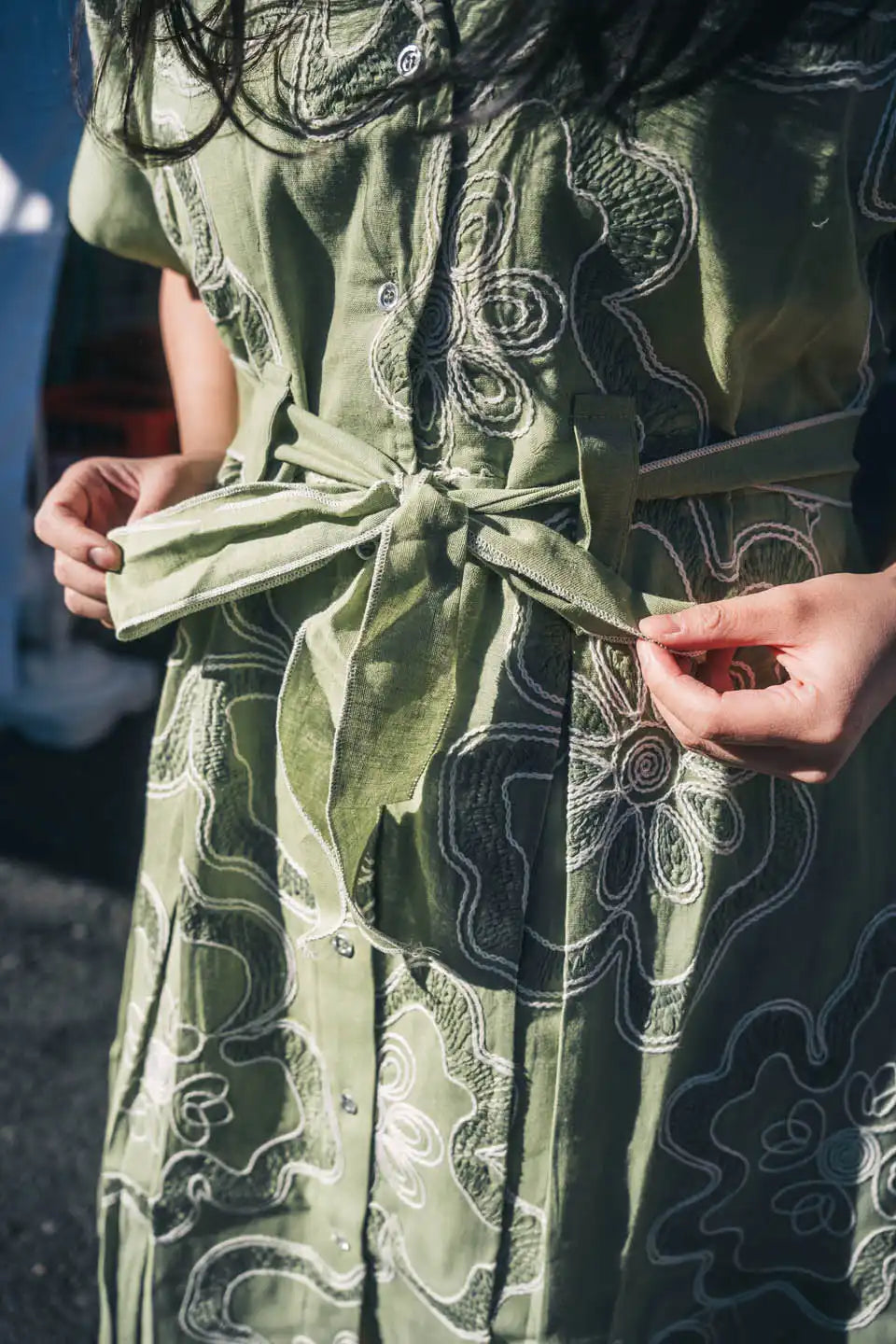 Olive Green Floral Short Dress – Boho Style with Tie-Up Detail