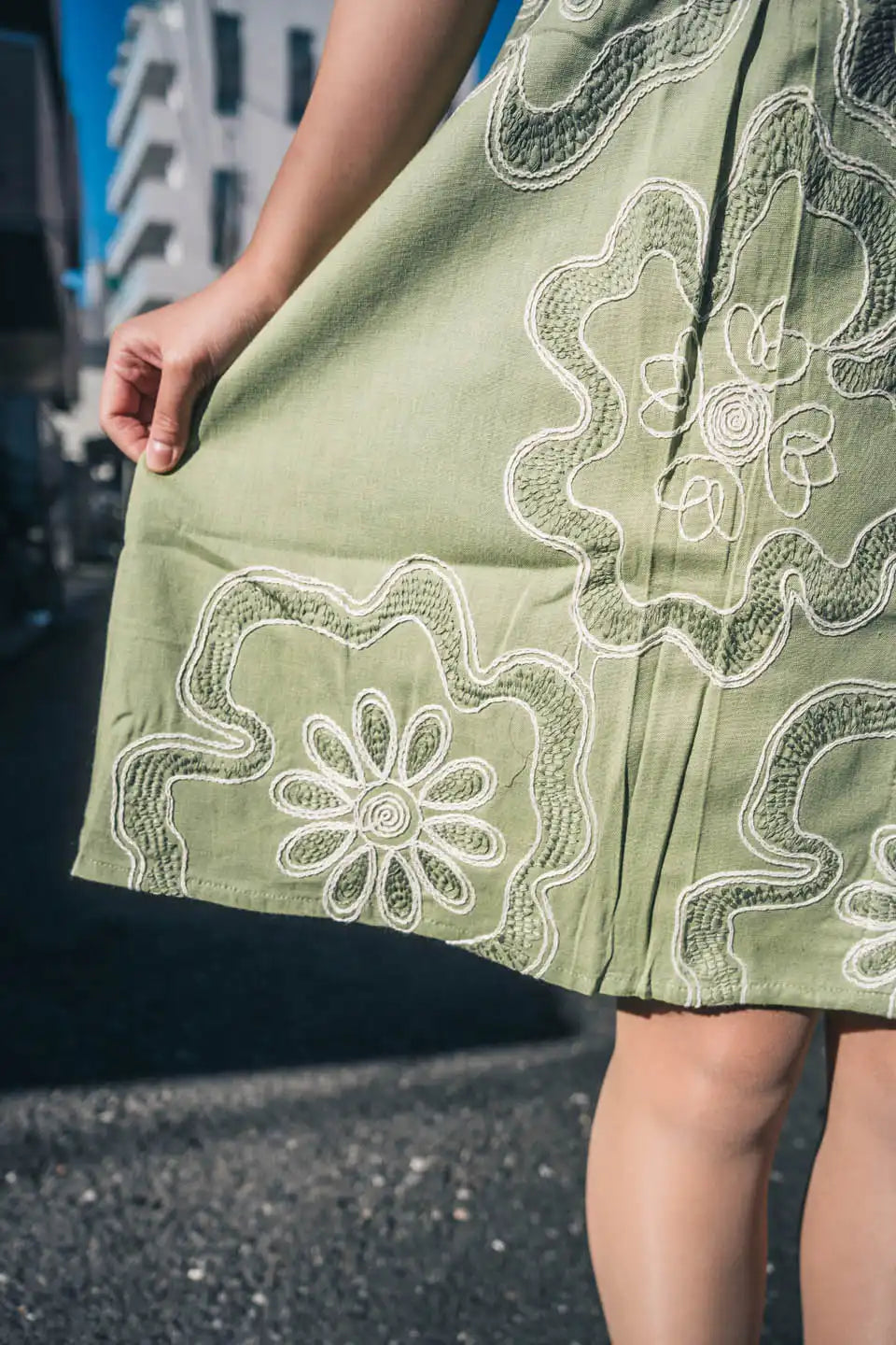 Olive Green Floral Short Dress – Boho Style with Tie-Up Detail