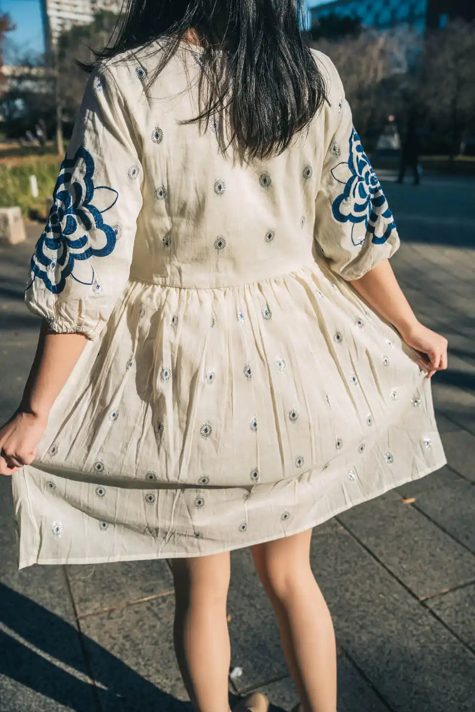 Boho Embroidered Short Dress with Puff Sleeves for Women