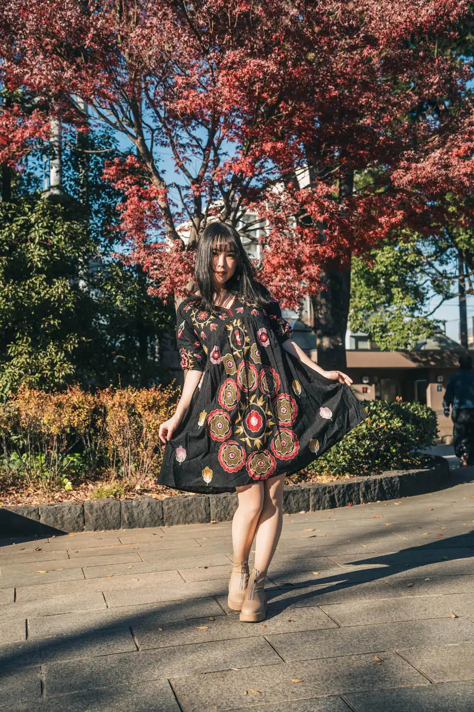 Boho Chic Embroidered Black Short Dress with Puff Sleeves