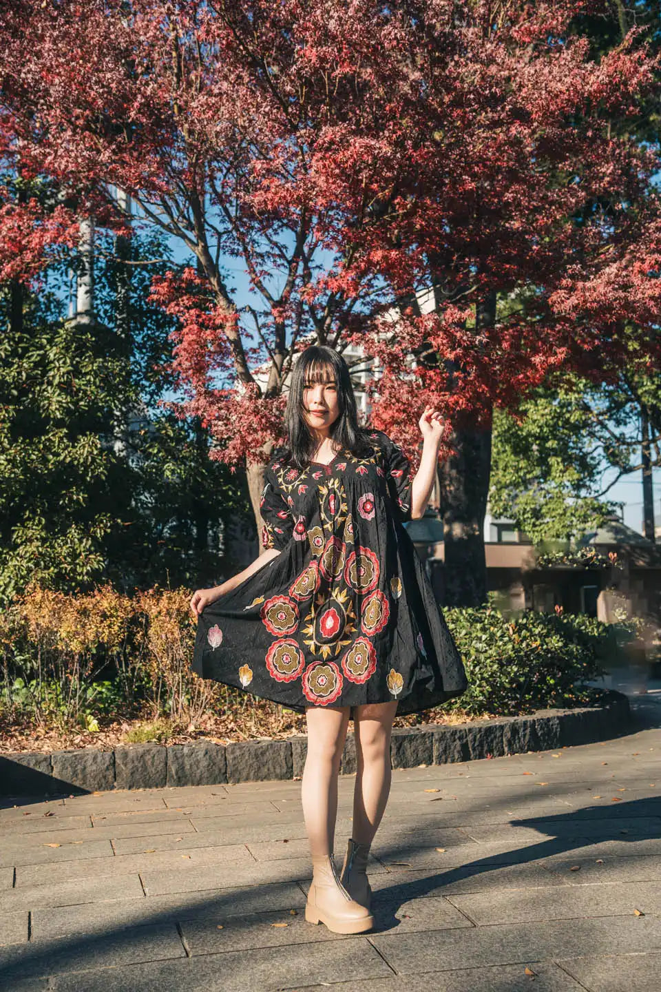 Boho Chic Embroidered Black Short Dress with Puff Sleeves