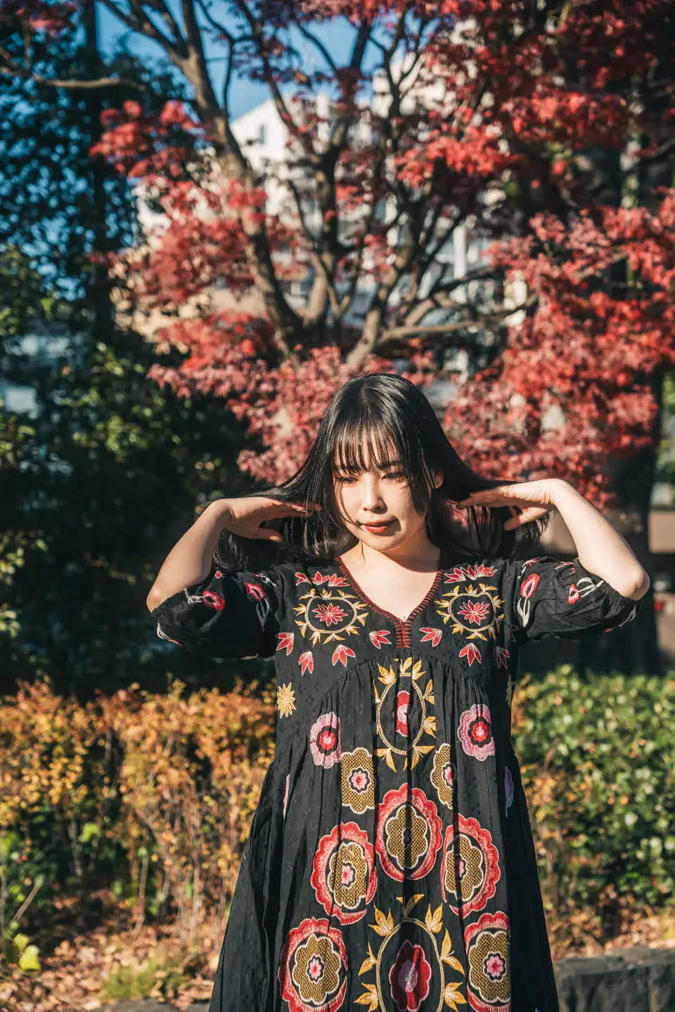 Boho Chic Embroidered Black Short Dress with Puff Sleeves