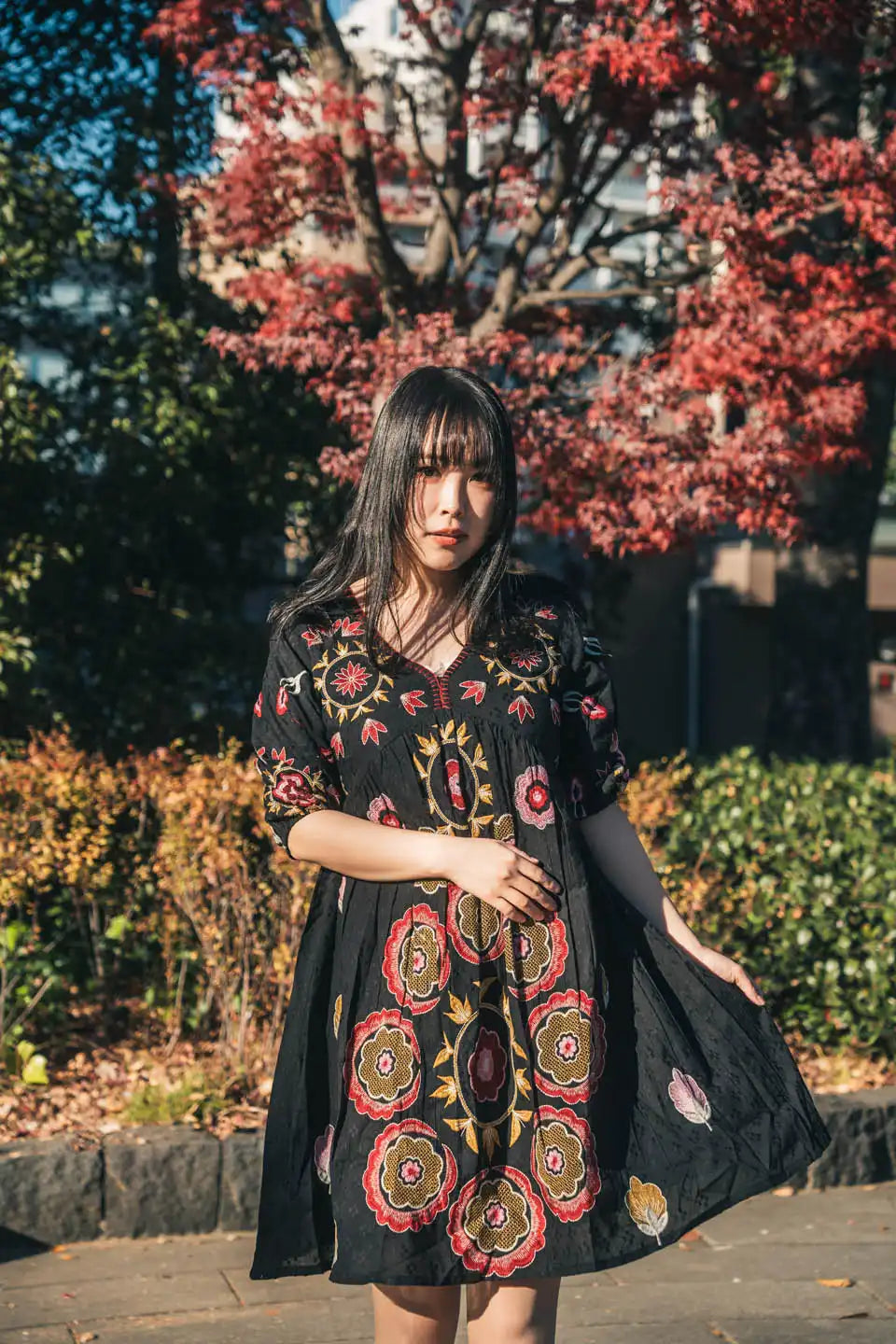 Boho Chic Embroidered Black Short Dress with Puff Sleeves