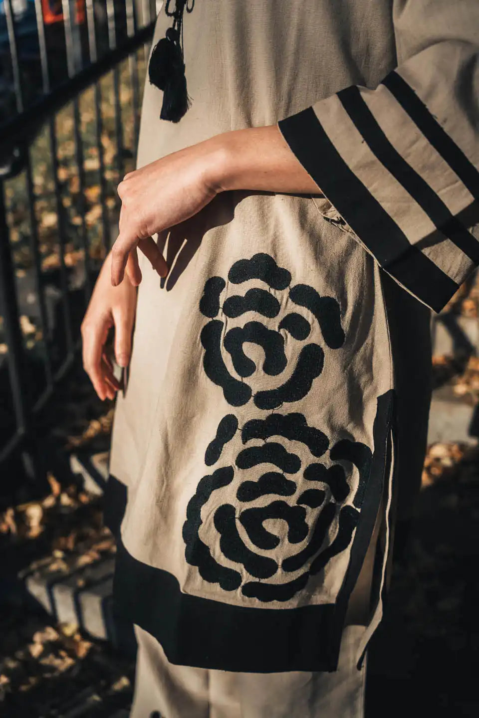 Beige and Black Floral Printed Ethnic Coord Set