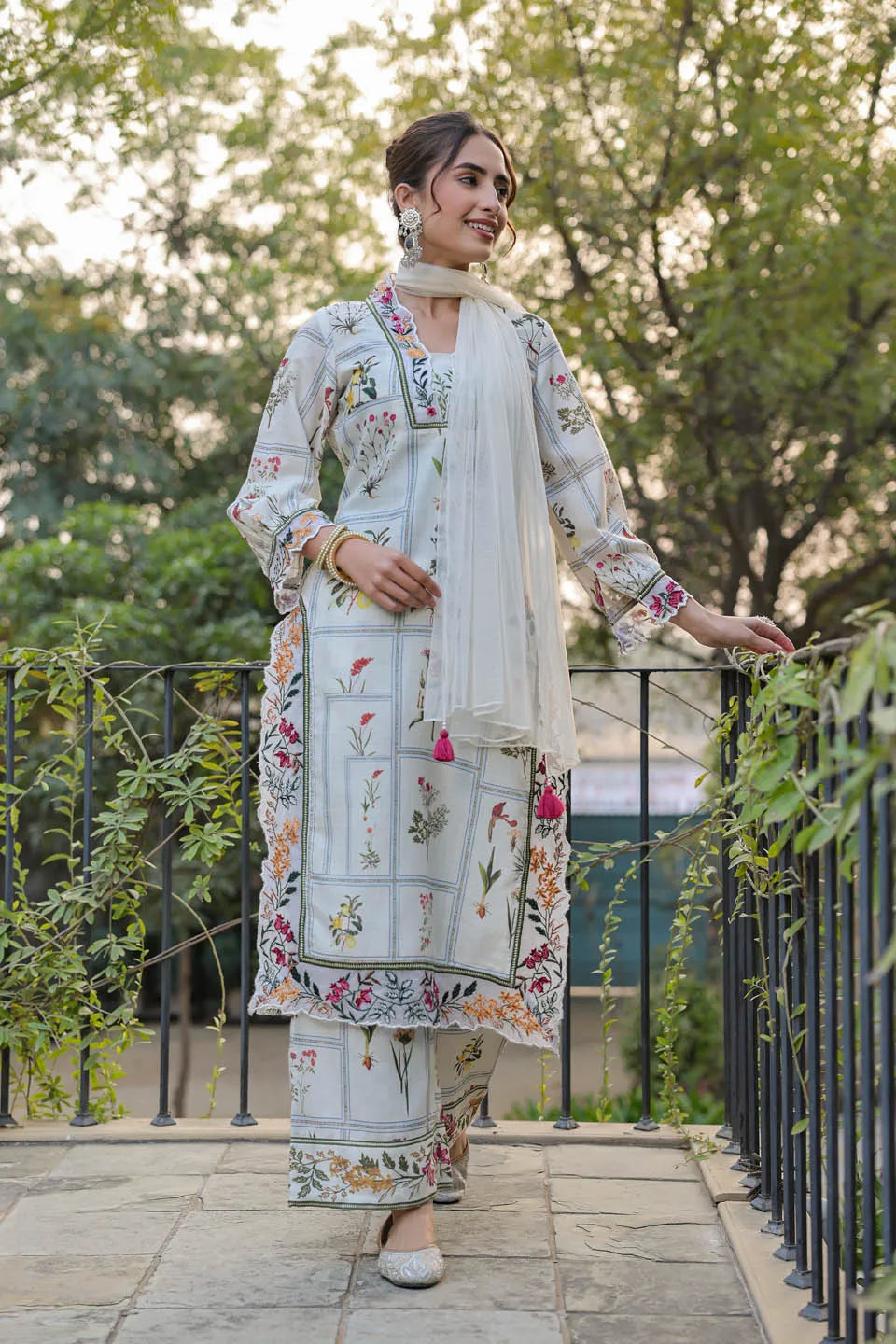 ivory leafscape white cotton kurta set