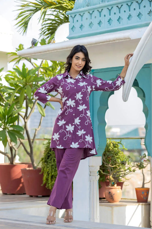 WOMEN'S PURPLE COTTON DOBI SOOTHING EMBROIDERE COORD SET