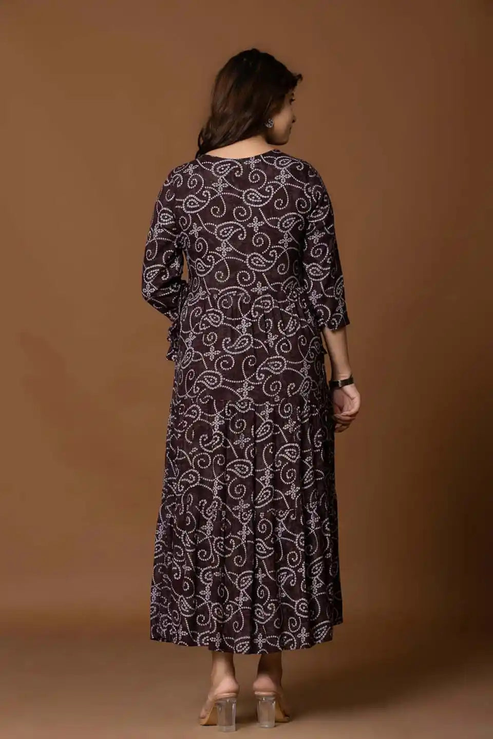 Brown Paisley Print A-Line Midi Dress with Embroidered Bodice