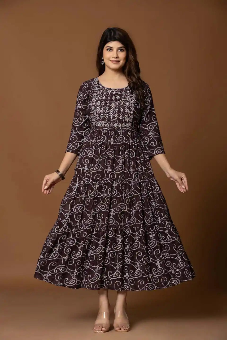 Brown Paisley Print A-Line Midi Dress with Embroidered Bodice