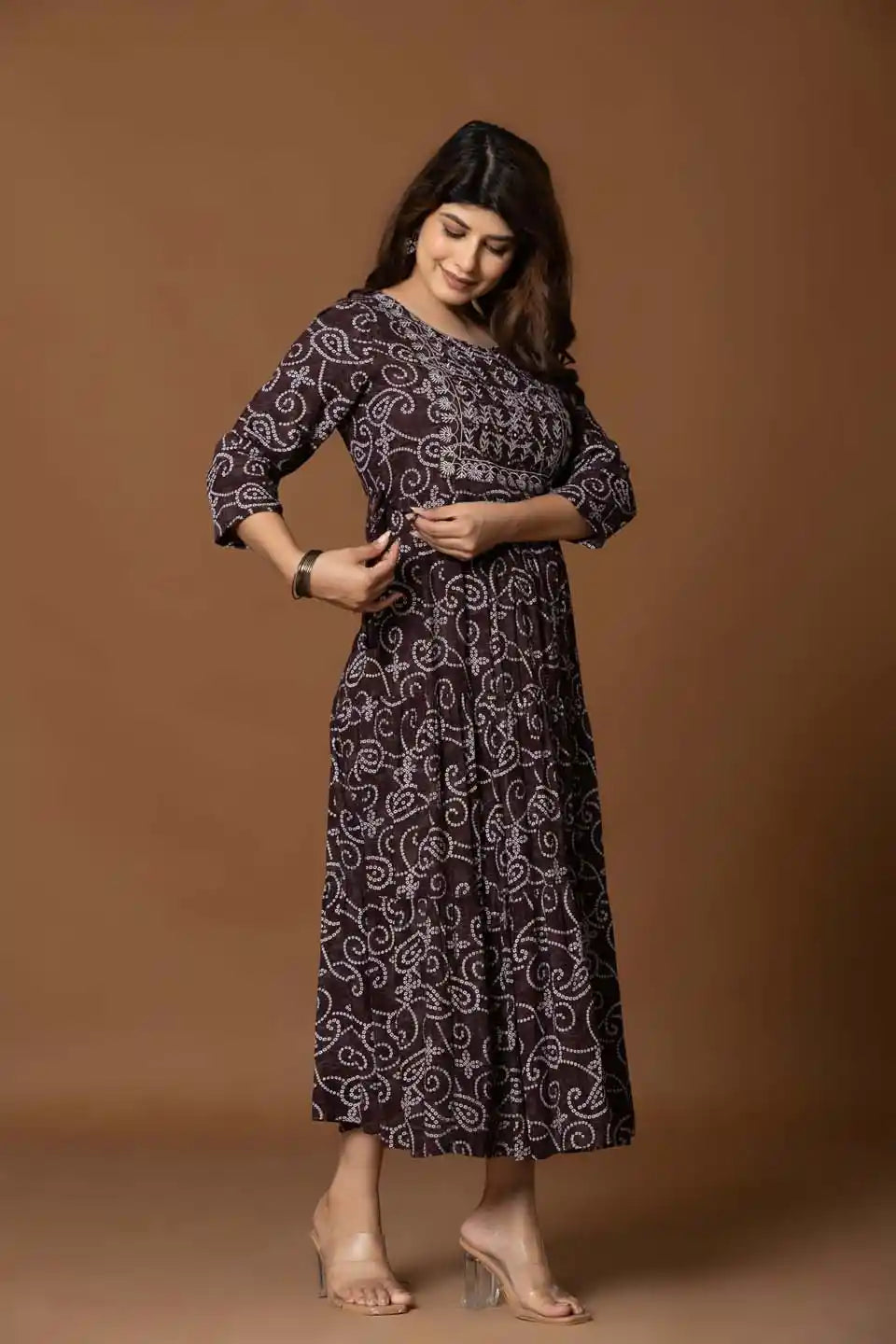 Brown Paisley Print A-Line Midi Dress with Embroidered Bodice