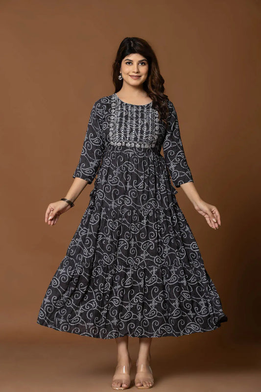 black printed tiered maxi dress with embroidered yoke