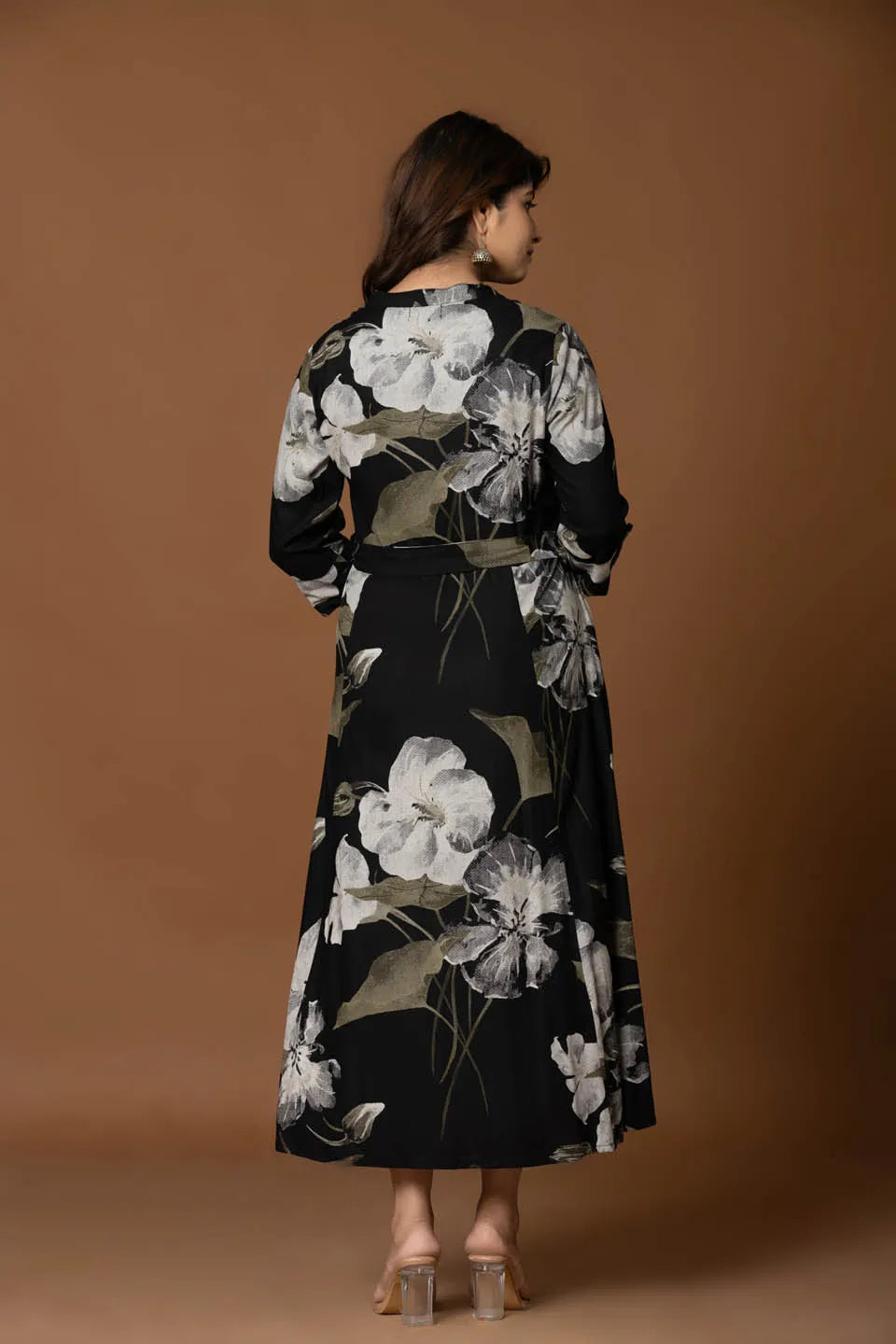 black floral print fit flare midi dress with belt for casual occasions