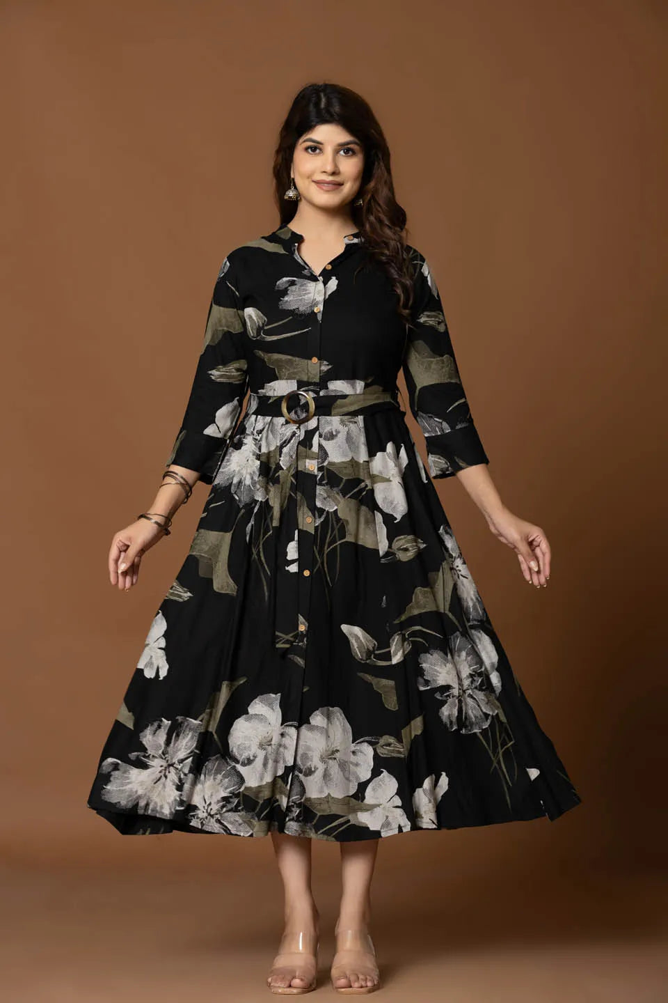 black floral print fit flare midi dress with belt for casual occasions