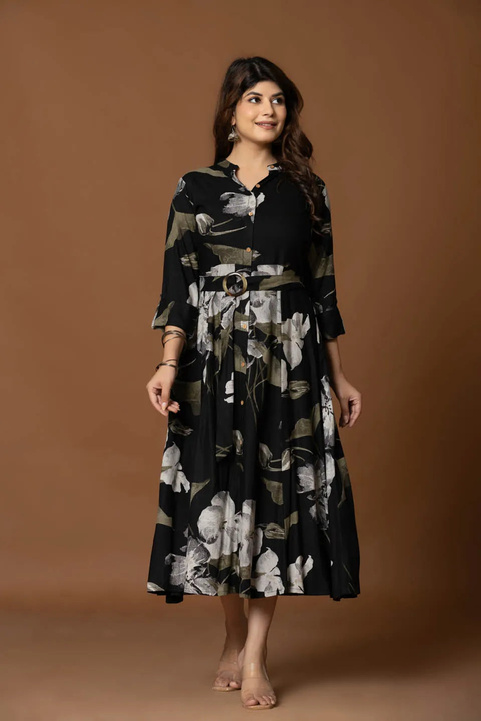 black floral print fit flare midi dress with belt for casual occasions