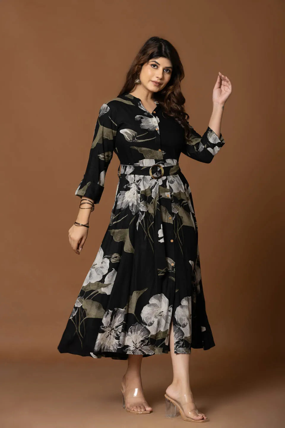 black floral print fit flare midi dress with belt for casual occasions