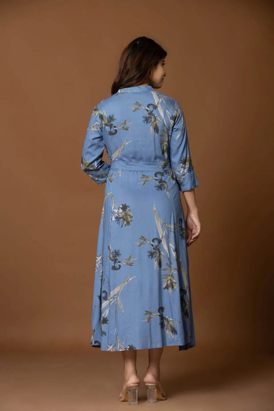 floral printed fit flare midi dress with belt for casual occasions