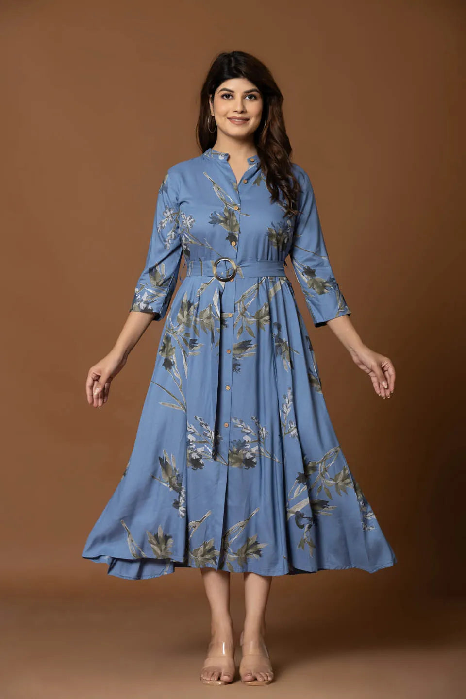 floral printed fit flare midi dress with belt for casual occasions