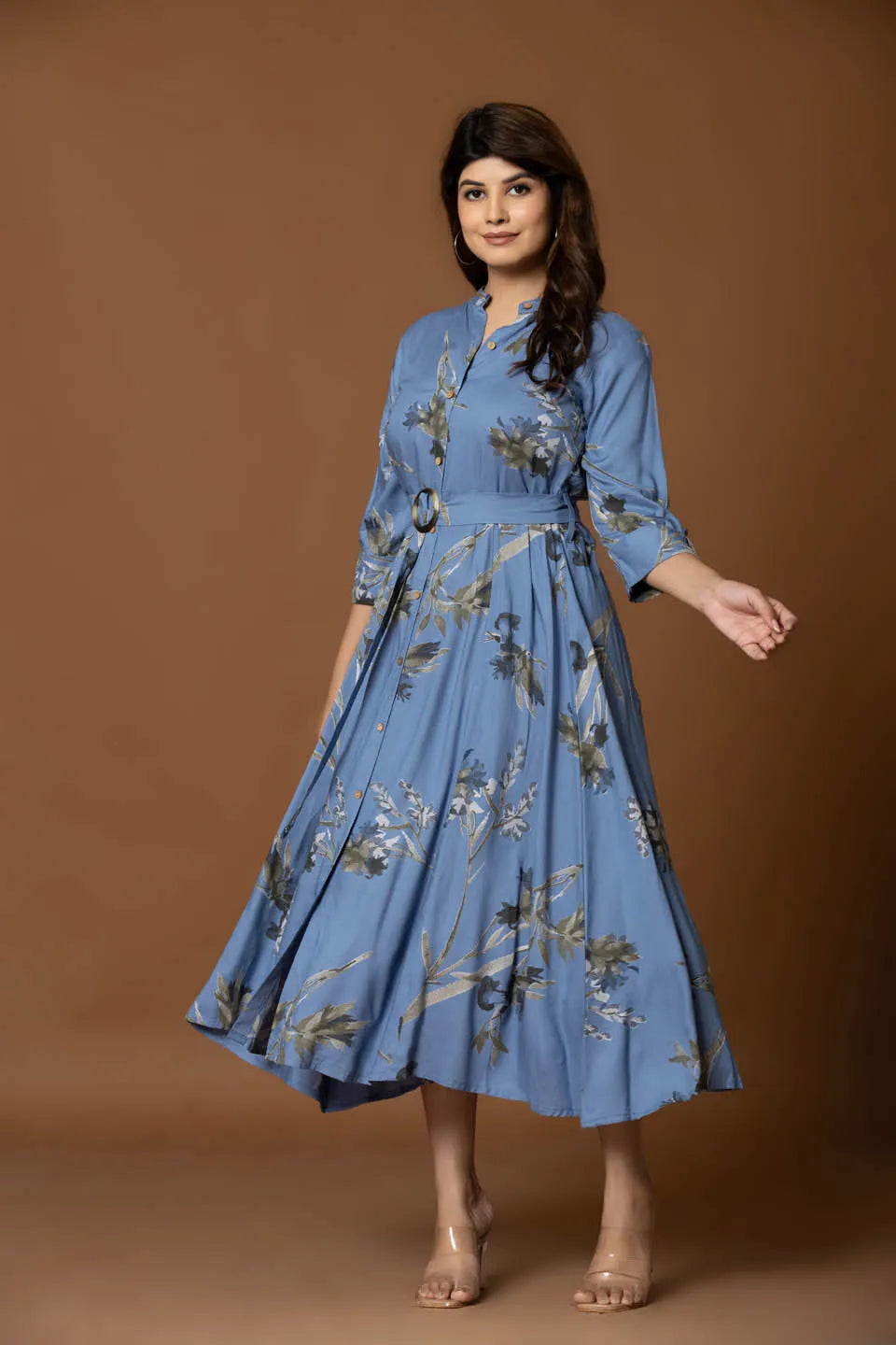 floral printed fit flare midi dress with belt for casual occasions