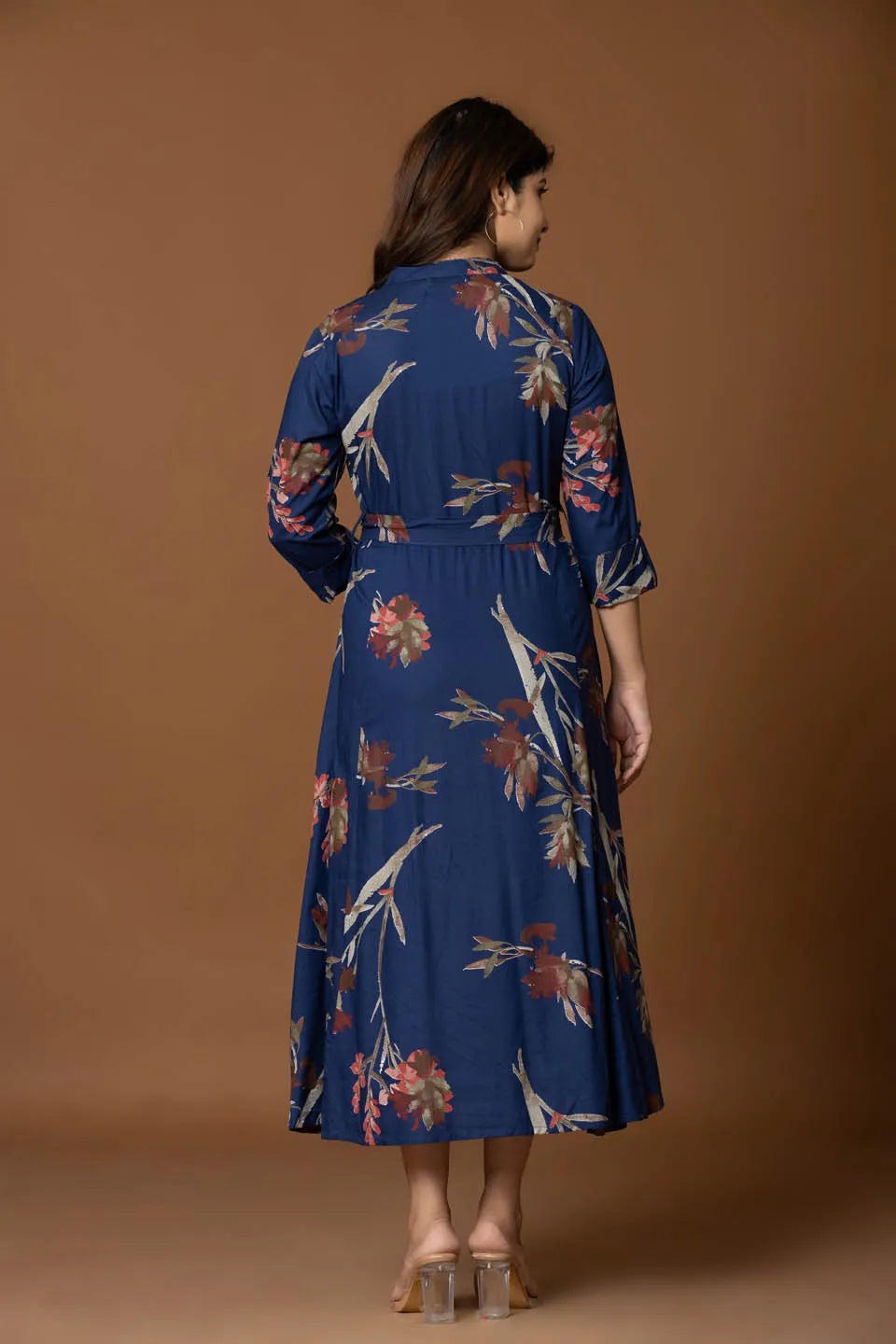 floral printed navy blue fit flare midi dress with belt for casual occasions