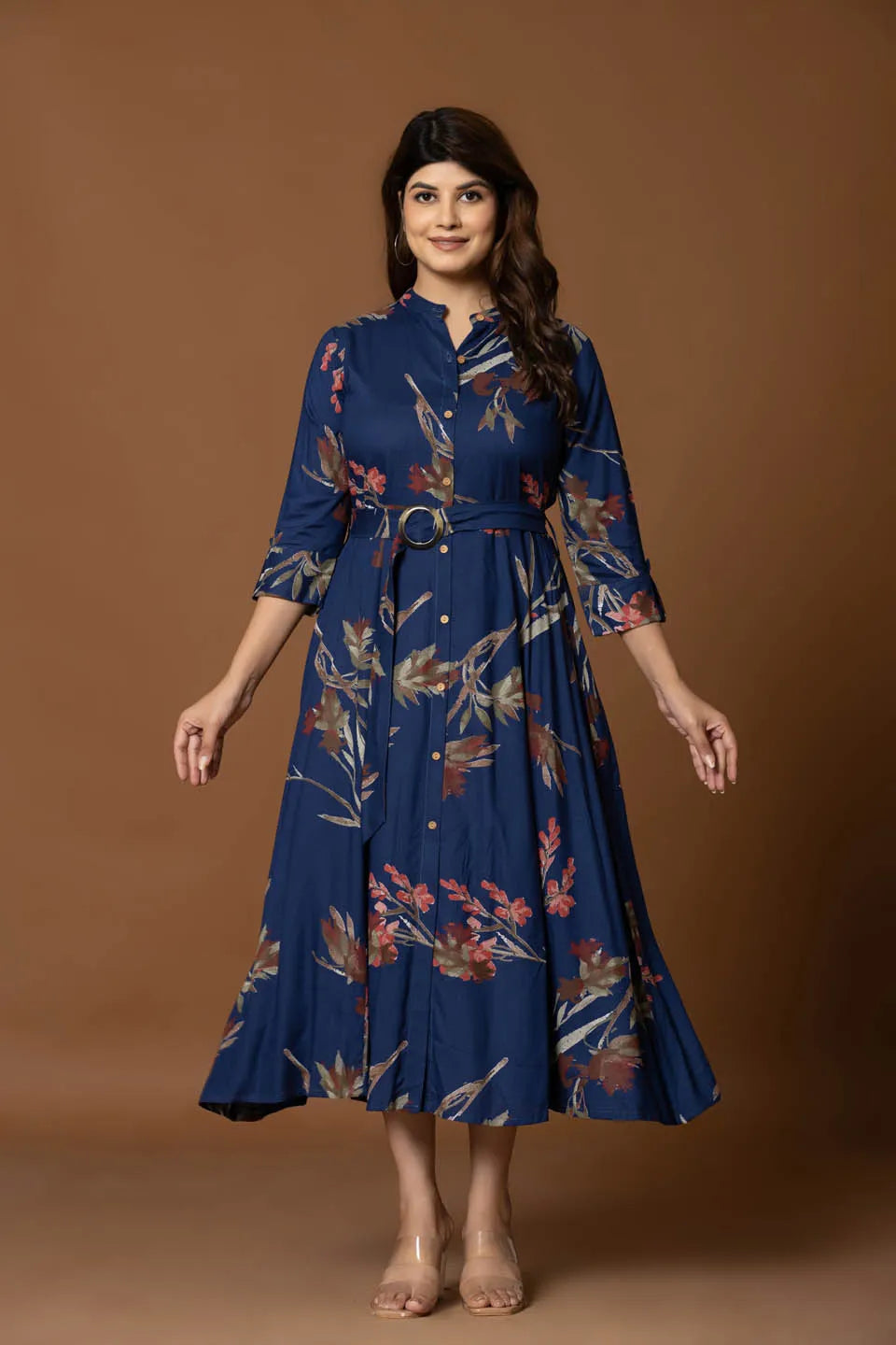 floral printed navy blue fit flare midi dress with belt for casual occasions