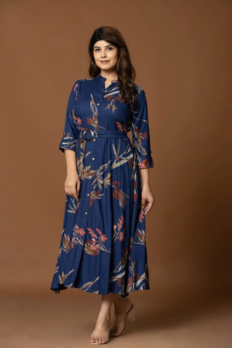 floral printed navy blue fit flare midi dress with belt for casual occasions