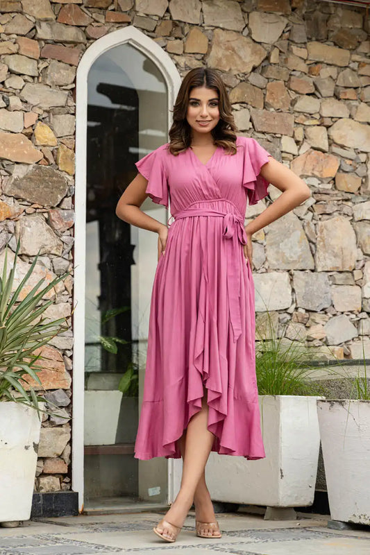 Pink Fit & Flare V-Neck Flutter Sleeve Asymmetrical Midi Dress