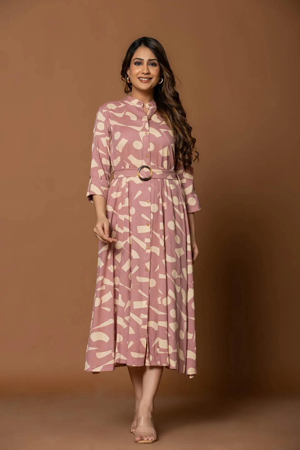 GEOMETRIC PRINT FIT & FLARE MIDI DRESS WITH SHIRT COLLAR AND BELT – CASUAL WEAR