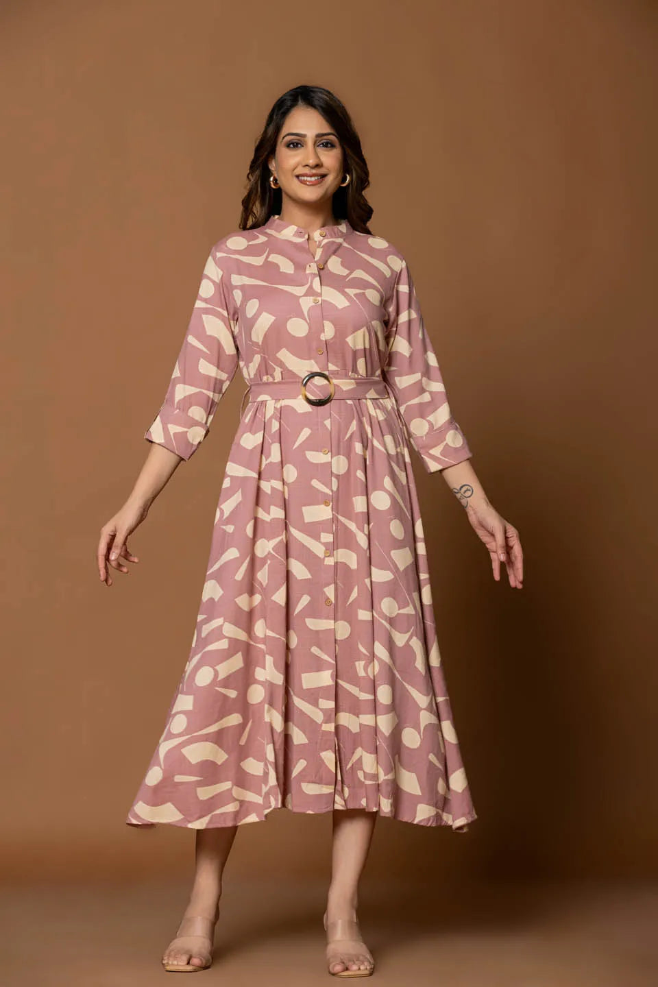 GEOMETRIC PRINT FIT & FLARE MIDI DRESS WITH SHIRT COLLAR AND BELT – CASUAL WEAR